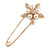 Large Clear Crystal Faux Pearl Flower Safety Pin Brooch In Gold Tone - 70mm Across - view 5