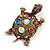 Vintage Inspired Multicoloured Crystal Turtle Brooch in Aged Gold Tone Metal - 60mm Long