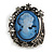 Vintage Inspired Hematite Diamante Blue Cameo Brooch in Aged Silver Tone - 40mm Long
