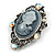 Oval Filigree AB Crystal Grey Cameo Brooch In Aged Silver Tone - 50mm Tall - view 3