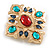 Vintage Inspired Red/ Green Glass Bead Blue Crystal Diamond Shape Brooch in Gold Tone - 55mm Tall - view 4