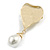 Vintage Inspired Hammered Concave Heart with Pearl Dangle Bead Brooch in Light Gold Tone - 70mm Long - view 4