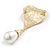 Vintage Inspired Hammered Concave Heart with Pearl Dangle Bead Brooch in Light Gold Tone - 70mm Long - view 6