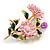 Pink/ Green Enamel Floral/ Daisy Flower Brooch in Gold Tone - 50mm Tall - view 6