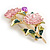 Pink/ Green Enamel Floral/ Daisy Flower Brooch in Gold Tone - 50mm Tall - view 7
