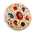 Stylish Multicolored Crystal Hammered Round Brooch/ Penant in Gold Tone Metal - 35mm Diameter - view 4
