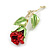 Romantic Red/Green Enamel Rose Brooch in Gold Tone - 55mm Tall - view 2