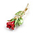 Romantic Red/Green Enamel Rose Brooch in Gold Tone - 55mm Tall - view 4