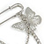 Polished Silver Tone Safety Pin Brooch With Double Chain and Butterfly Charm - 60mm Across - view 4