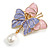 Pink/Lavender Enamel Double Butterfly with Dangling Faux Pearl Brooch in Gold Tone - 55mm Tall - view 4