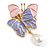 Pink/Lavender Enamel Double Butterfly with Dangling Faux Pearl Brooch in Gold Tone - 55mm Tall - view 2