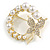 White Faux Pearl Bead Clear Crystal Wreath with Butterfly Motif Brooch In Gold Tone - 40mm Across - view 2