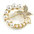 White Faux Pearl Bead Clear Crystal Wreath with Butterfly Motif Brooch In Gold Tone - 40mm Across - view 4