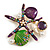 Large Purple/ Green Enamel Crystal Pearl Starfish Brooch/ Pendant In Gold Tone Metal - 60mm L