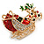 Gold Tone Red/ Green Enamel Crystal Christmas Sleigh Brooch - 45mm Across - view 2