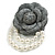 Large Grey Layered Felt Fabric Rose Flower with White Faux Pearl Beaded Dangle Brooch/65mm Diameter/10.5cm Total Drop - view 7