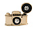 Vintage Inspired Aged Gold Tone Small Camera Brooch - 30mm Across