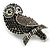 Vintage Inspired Black/ Grey/ Ab Crystal Owl Brooch In Aged Silver Tone - 65mm Long - view 4