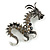 90mm Long/ Grey/ Black Crystal Chinese Dragon Large Brooch in Aged Silver Tone - view 2