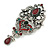 Victorian Style Crystal Flower Brooch/Pendant in Aged Silver Tone in Green/Red/Hematite/Clear - 80mm Long - view 2