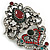 Victorian Style Crystal Flower Brooch/Pendant in Aged Silver Tone in Green/Red/Hematite/Clear - 80mm Long - view 7