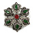 Vintage Inspired Turkish Style Crystal Flower Brooch/Pendant in Aged Silver Tone in Green/Red/Clear- 55mm Diameter
