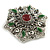 Vintage Inspired Turkish Style Crystal Flower Brooch/Pendant in Aged Silver Tone in Green/Red/Hematite/Clear - 55mm Diameter - view 2