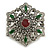 Vintage Inspired Turkish Style Crystal Flower Brooch/Pendant in Aged Silver Tone in Green/Red/Hematite/Clear - 55mm Diameter