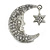 Clear Crystal Moon And Star Brooch in Silver Tone - 35mm Tall