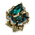 Large Dimentional Crystal Rose Flower Brooch/Pendant in Antique Gold Tone (Green/AB/Teal) - 70mm Tall - view 4