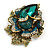 Large Dimentional Crystal Rose Flower Brooch/Pendant in Antique Gold Tone (Green/AB/Teal) - 70mm Tall - view 2