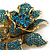 Oversized Statement Teal Crystal Exotic Flower Brooch in Aged Gold Tone - 90mm Tall - view 5