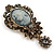 Vintage Inspired Dark Grey/ Hematite Crystal Cameo with Charm Brooch/Pendant In Antique Gold Tone - 65mm L - view 6