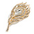 Clear Crystal Peacock Feather Brooch In Gold Tone - 8cm Long