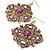 Square Shape Jeweled Filigree Drop Earrings (Burn Gold & Lilac) - 7cm Drop - view 2