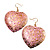 Large Pink Hammered Heart Drop Earrings (Gold Tone) - 6.5cm Length