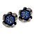 Navy Blue Crystal Textured Flower Stud Earrings In Burn Silver Finish - 2cm Diameter