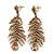 Long Champagne CZ 'Feather' Drop Earrings In Burn Gold Finish - 8cm Length