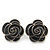 Dark Grey Enamel 'Rose' Stud Earrings In Rhodium Plating - 2cm Diameter