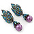 Swarovski Crystal 'Leaf' Purple Simulated Pearl Drop Earrings In Gun Metal Finish - 5.5cm Length - view 3