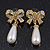 Classic Diamante Imitation Pearl 'Bow' Drop Earrings In Gold Plating - 4cm Length