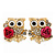 'Wise Owl With Rose' Crystal Paved Stud Earrings In Gold Plating - 2cm Length