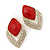 Diamante Red Acrylic Bead Diamond Shape Stud Earrings In Gold Plating - 37mm Length - view 3