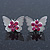 Teen Rhodium Plated Fuchsia Crystal 'Butterfly' Stud Earrings - 15mm Width - view 2