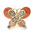 Coral/ Pink Enamel Diamante Double Butterfly Stud Earrings In Gold Plating - 25mm Width - view 6