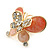 Coral/ Pink Enamel Diamante Double Butterfly Stud Earrings In Gold Plating - 25mm Width - view 7