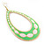 Long Lightweight Neon Green/ White Enamel Oval Hoop Earrings In Gold Plating - 85mm Drop - view 4