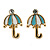 Children's/ Teen's / Kid's Small Light Blue, White Enamel 'Umbrella' Stud Earrings In Gold Plating - 11mm Length