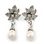 Bridal, Prom, Wedding Austrian Crystal, White Simulated Glass Pearl 'Flower' Drop Earrings In Rhodium Plating - 50mm Length - view 7