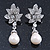 Bridal, Prom, Wedding Austrian Crystal, White Simulated Glass Pearl 'Flower' Drop Earrings In Rhodium Plating - 50mm Length - view 4